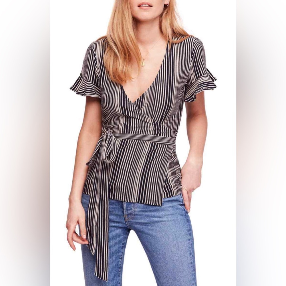 Free People Wrapped Around My Finger Wrap Blouse, Black Beige Striped , XS